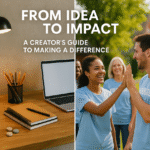 alt_text: A split cover depicting creative workspace on one side and community impact on the other, vibrant and hopeful.